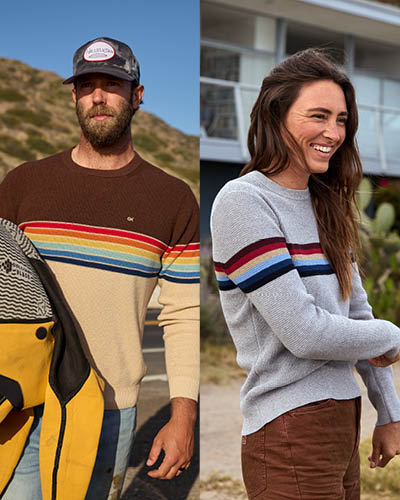 Collage of three images: a person with a surfboard, a sunset over water, and a person in a striped sweater.