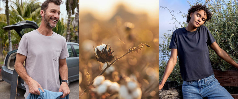Three people wearing t-shirts in different settings: a man with a car, a close-up of cotton, and a woman outdoors.