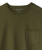Closeup of the collar of a green crew neck shirt