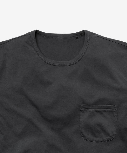 Closeup of collar of black crew neck t-shirt