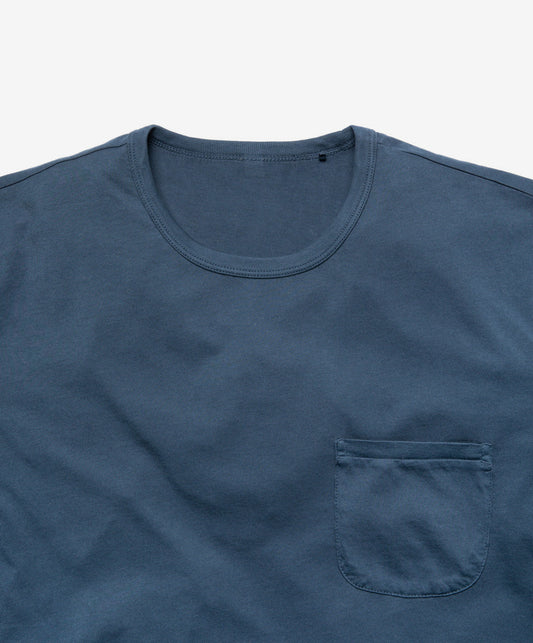 Closeup of collar of navy crew neck tee