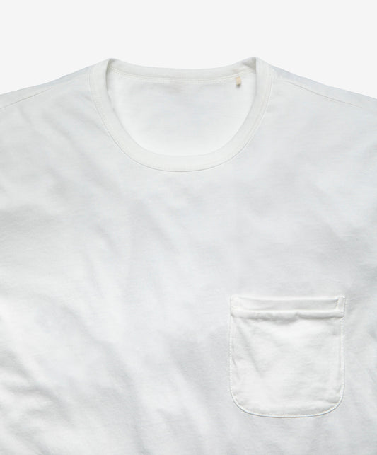A white, short-sleeved t-shirt with a pocket on the chest.