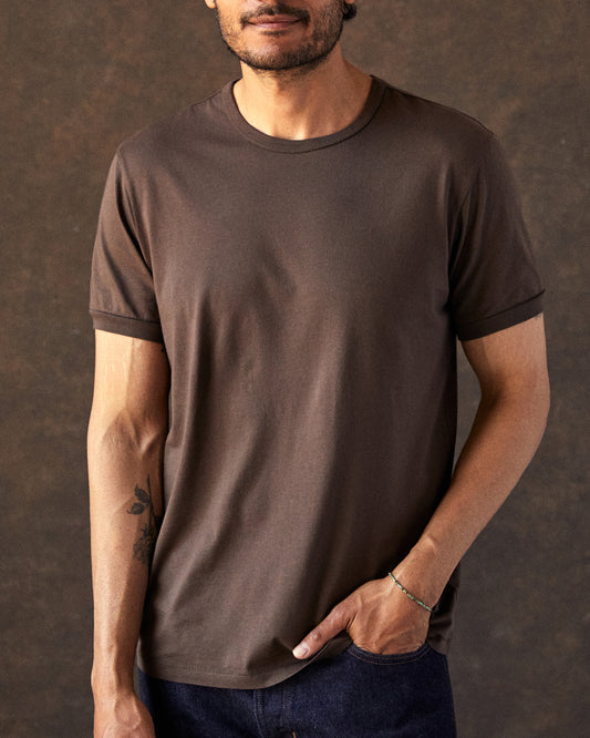 A brown crew-neck t-shirt made from Peruvian Pima cotton.