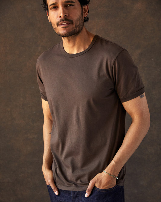A brown crew-neck t-shirt made from Peruvian Pima cotton.