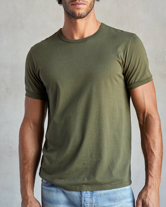 Man wearing a green crew-neck t-shirt