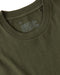 Close up of collar of olive green short sleeve t-shirt