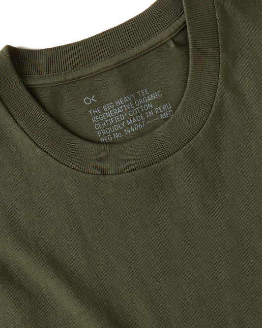 Close up of collar of olive green short sleeve t-shirt