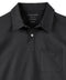 A black polo shirt with a collar, a chest pocket, and short sleeves.