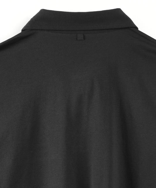 A black polo shirt with a collar, a chest pocket, and short sleeves.