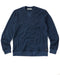 A navy blue crewneck sweatshirt made from terry toweling fabric, with a visible brand tag on the lower side.