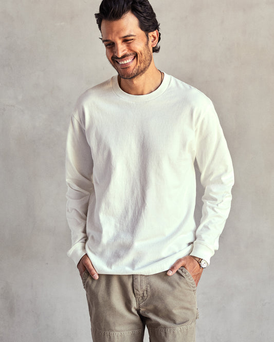 Man wearing a plain white long-sleeved t-shirt with ribbed neckline and cuffs, displayed against a neutral background.