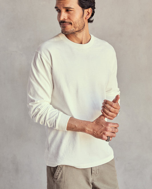 Man wearing a plain white long-sleeved t-shirt with ribbed neckline and cuffs, displayed against a neutral background.