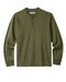 A long-sleeved green henley shirt with a ribbed neckline and cuffs, featuring a minimal 2-button placket and flatlock seams.