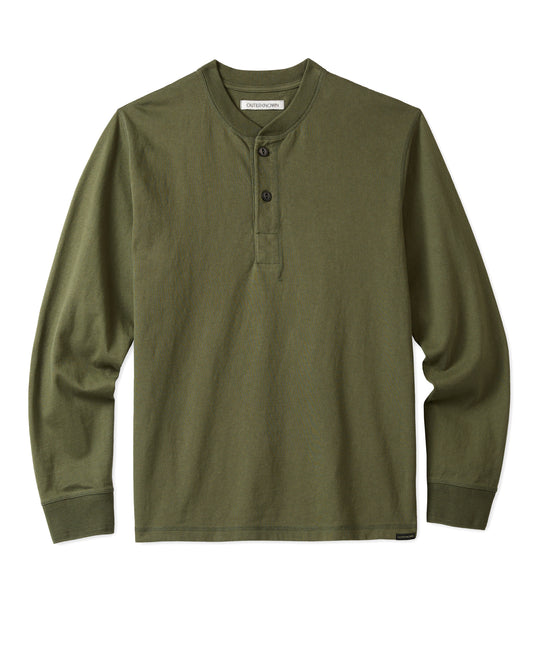 A long-sleeved green henley shirt with a ribbed neckline and cuffs, featuring a minimal 2-button placket and flatlock seams.