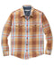 Plaid blanket shirt in tan, light blue, and orange with button-up front