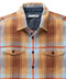 Plaid button-up shirt with spread collar, chest flap pockets, tan and blue tones