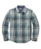 Outerworn blue and white plaid blanket shirt with button front and two chest flap pockets.