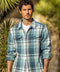 Outerworn blue and white plaid blanket shirt with button-down and two chest flap pockets.