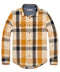 Orange and navy plaid blanket shirt with button front and two chest pockets