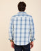 Back view of light blue plaid button-up shirt with collar and long sleeves