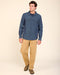Indigo denim blanket shirt with pointed collar, two chest flap pockets, long sleeves