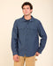 Indigo denim blanket shirt with button front, pointed collar, flap chest pockets