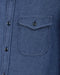 Indigo denim close-up: woven texture, button placket, flap pocket stitching