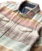 Outerworn blanket shirt close-up: multicolor stripe plaid, button placket, chest pocket