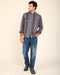 Men's vertical stripe button-up shirt with chest pockets and long sleeves; blue and rust.
