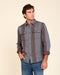 Striped button-up shirt with chest pocket, button front, long sleeves; blue and rust.