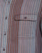 Vertical striped button-up shirt detail: button front and chest pocket flap; blue and rust.