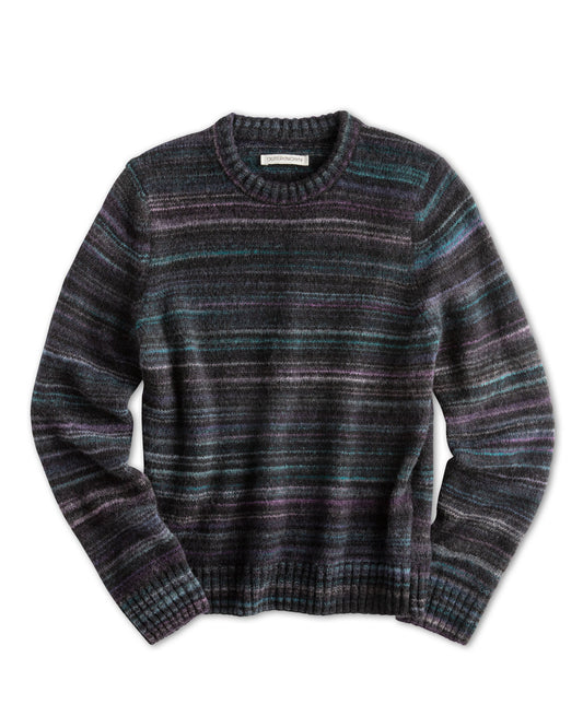 Black, purple, blue striped sweater on a white background