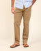 Men's chestnut stretch chino pants with belt loops, zip fly, and tapered legs
