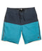 Mosaic blue and dark navy swim trunks with black drawstring waistband