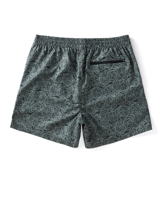 Gray paisley patterned shorts on a white background
