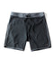 Black scallop hem style trunks with a signature logo on the bottom right and a drawstring waistband.