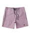 A pair of purple boardshorts with a drawstring waist and branded detail on the upper left thigh.