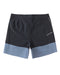 A pair of men's boardshorts with a solid navy blue top half and a blue bottom half, featuring a drawstring waist and a small logo on the left leg.