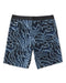Backside of men's boardshorts with a geometric pattern in shades of blue and light blue, featuring a drawstring waistband.