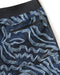 Closeup of back pocket of blue patterned boardshorts