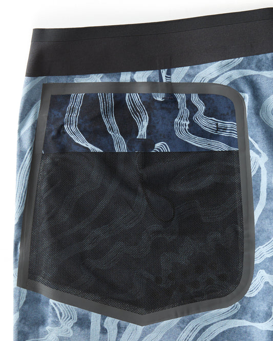Closeup of pocket liner of blue patterned boardshorts