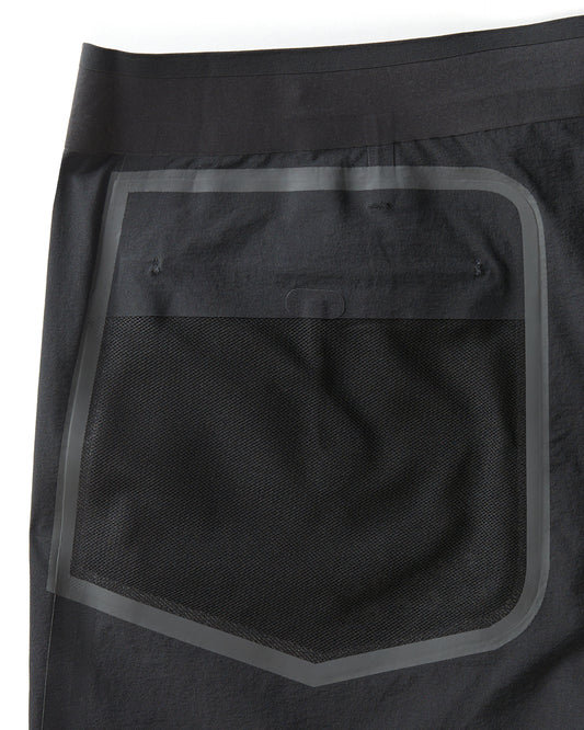 Black boardshorts with a drawstring waist, featuring a soft touch interior waistband, gusseted fly, and reinforced ultrasonic-welded seams.