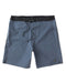 A pair of blue boardshorts with a drawstring waistband and a small logo on the left leg area.