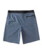 Backside of blue boardshorts with a drawstring waistband and a small logo on the left leg area.