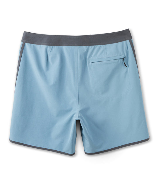 Light blue shorts with gray trim on a white background