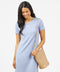 Light blue tee shirt dress with short sleeves, crew neck, small chest pocket