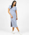 Light blue tee shirt midi dress with short sleeves and crew neck, side slit