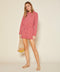 Outerworn Wander romper, mineral red, long sleeves, button front, drawstring waist.
