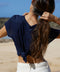 Marine blue linen crew-neck tee with short sleeves, tied front detail