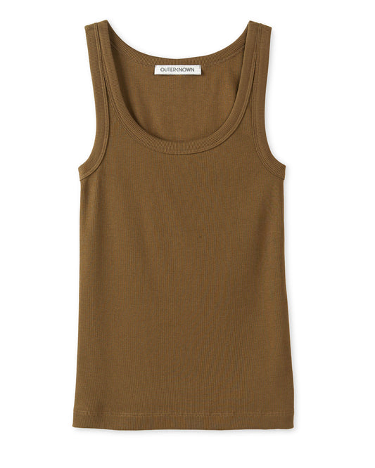 Brown tank top with a visible brand label on a white background